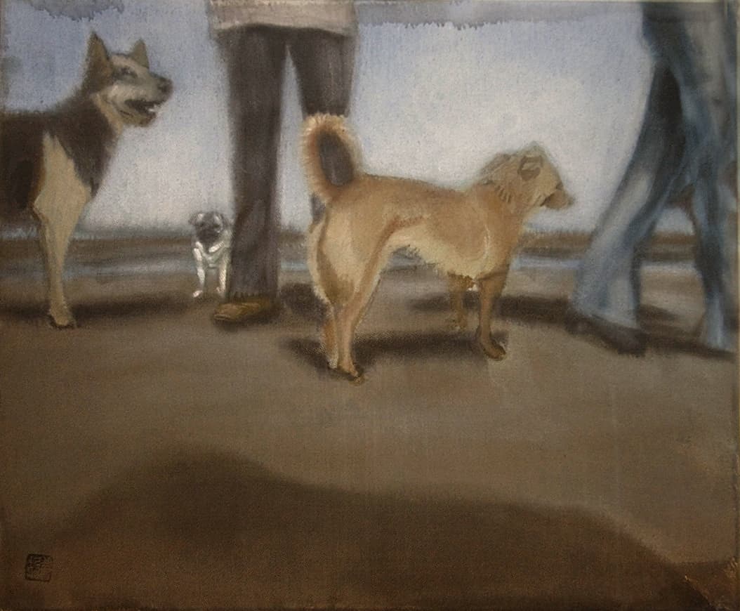  chiens et maîtres sur la plage,30x25 cm,ink-acrylic 